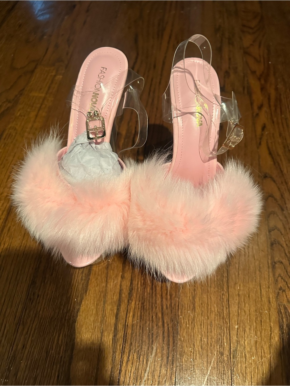 Fashion Nova Pink Faux Fur Clear Strap platform Heels like new size 7 1/2